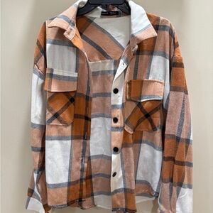 SHEIN Women’s Orange and White Button Down Flannel